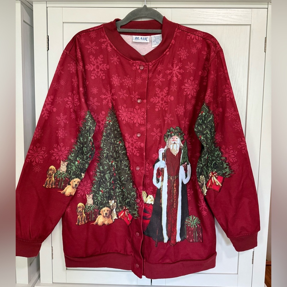 Blair Vintage Christmas Sweatshirt Santa Dogs Red Snap Button Front Medium